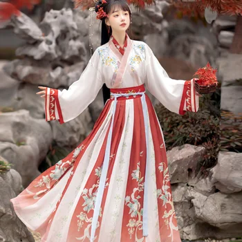 Китайский традиционный Ханфу для женщин, Старинные платья, Восточное платье принцессы, Одежда для восточных танцев, синий и красный, династия Тан