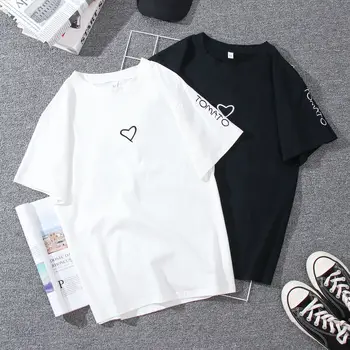Модная летняя футболка Harajuku с принтом сердца для женщин, черные Белые топы, футболка, женские базовые футболки с вышивкой 