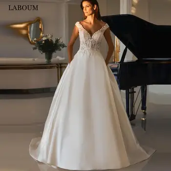 Женские свадебные платья LaBoum с V-образным вырезом, Трапециевидные свадебные платья с открытыми плечами, Кружевные аппликации, с карманами, Robe Mariage Femme